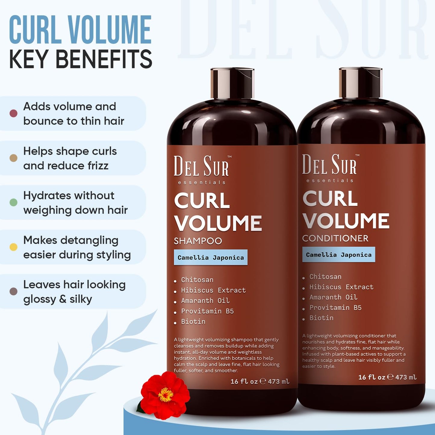 DEL SUR Curly Hair Shampoo and Conditioner Set | Curl Defining, Volume & Hydration | 16 fl oz Each | with Camellia Japonica, Hibiscus & Amaranth Oil |
