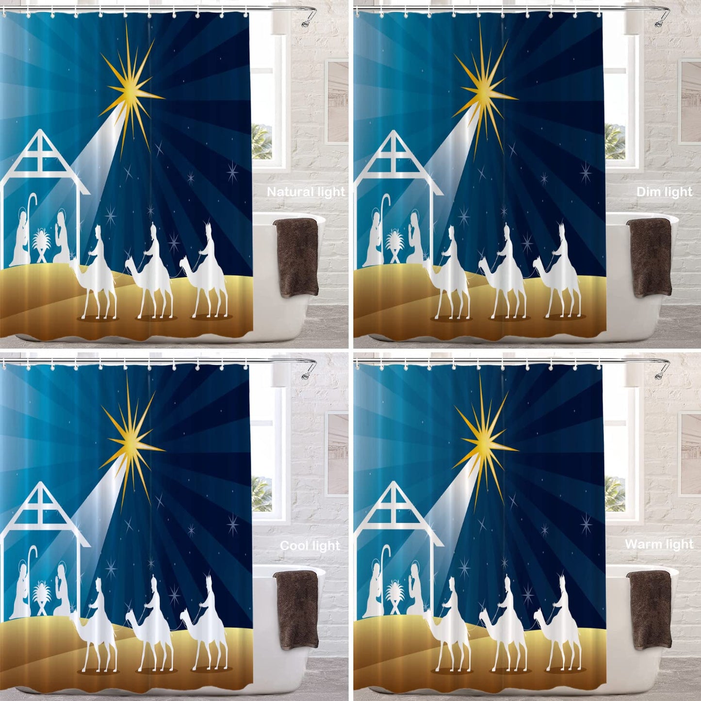 Batmerry Night Christmas Star Decorative Shower Curtain - Bethlehem Scene With Wise Men, Bible Theme - Long Wide Waterproof Washable for Bathroom
