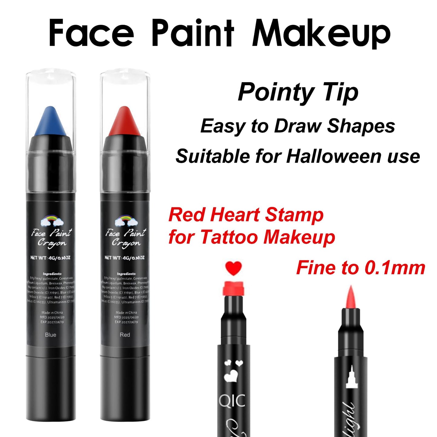 Face Paint Kit for Halloween Harley Quinn Cosplay Party Makeup for Women Girls, Red & Blue Face Body Painting Cream Blendable Sticks Red Liquid