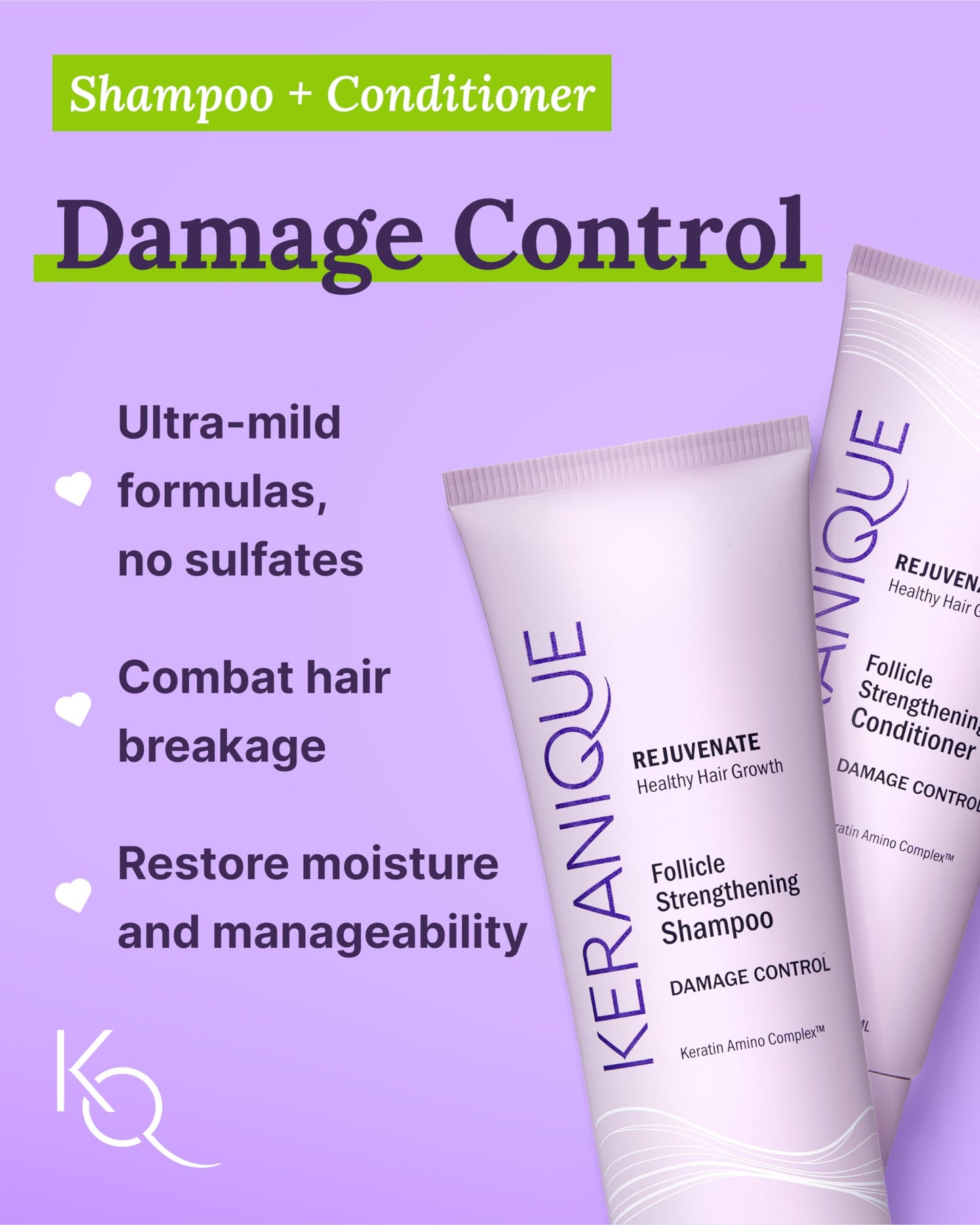 Keranique Damage Control Set for Thinning Hair - Shampoo & Conditioner for Damaged Hair, Follicle Booster Serum, Lift & Repair Spray - Keratin