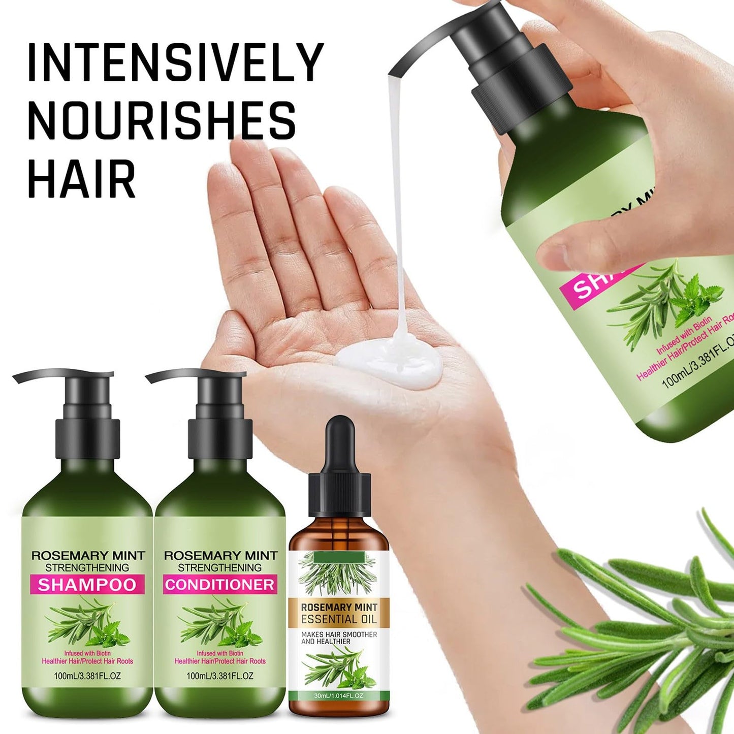 Rosemary Mint Strengthening Shampoo and Conditioner with Hair Oil, Rosemary Hair Treatment Set For Strengthens Hair, Nourish & Smooth for Thin Hair