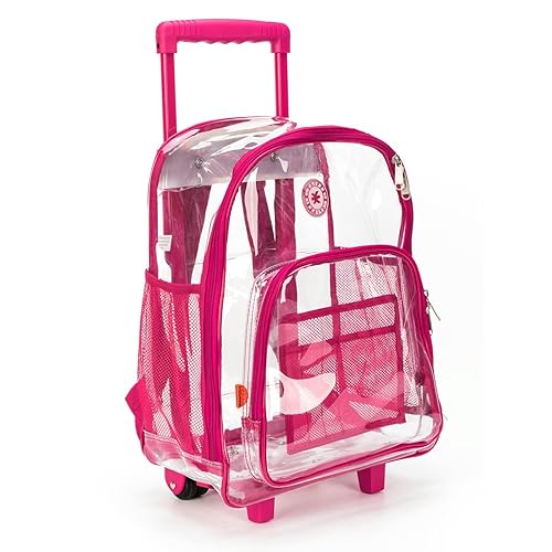 NiceAndGreat Rolling Clear Backpack Heavy Duty Bookbag Quality See Through Workbag Travel Daypack Transparent School Book Bags with Wheels Hot Pink