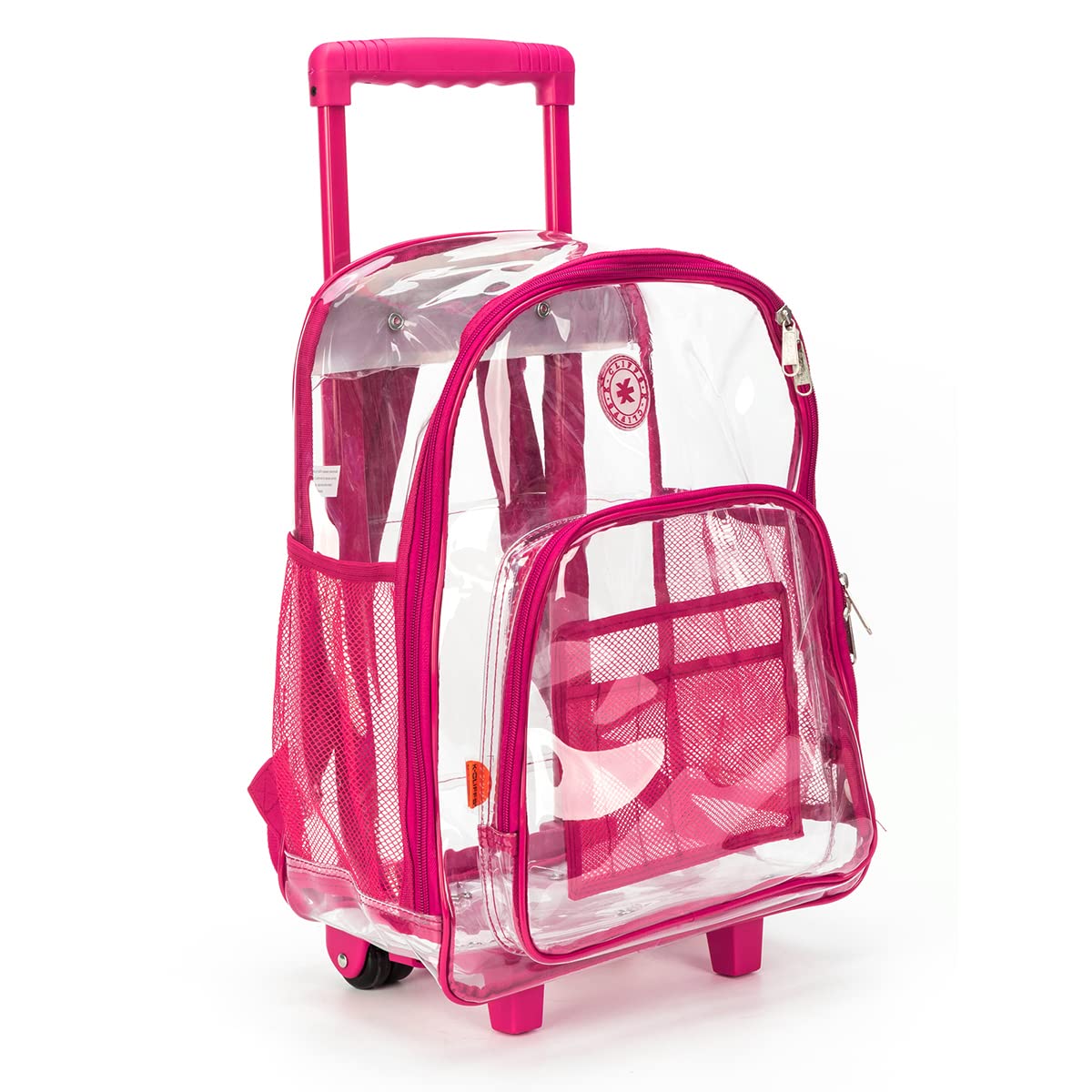 NiceAndGreat Rolling Clear Backpack Heavy Duty Bookbag Quality See Through Workbag Travel Daypack Transparent School Book Bags with Wheels Hot Pink