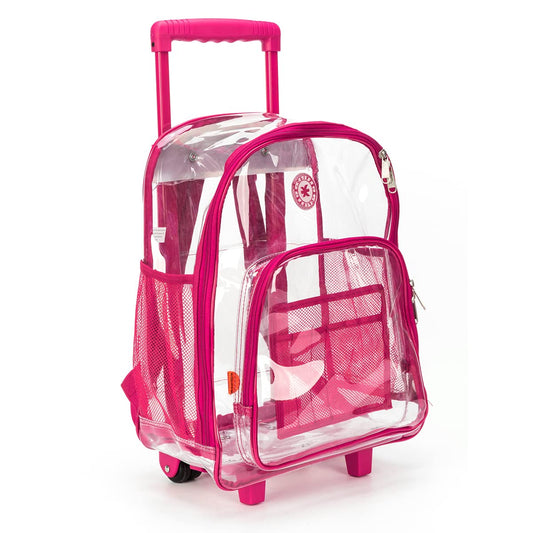 NiceAndGreat Rolling Clear Backpack Heavy Duty Bookbag Quality See Through Workbag Travel Daypack Transparent School Book Bags with Wheels Hot Pink