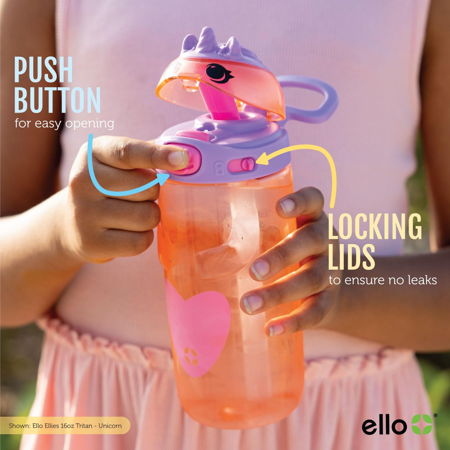 Ello Ellies 16oz Plastic Kids Water Bottle with Straw and Built-in Carrying Handle and Leak-Proof Locking Lid for School backpack, Lunchbox