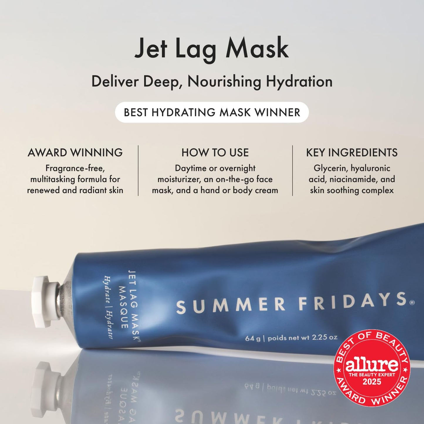 Summer Fridays Jet Lag Mask - Hydrating Face Moisturizer + Mask - Enriched with Hyaluronic Acid, Niacinamide, Glycerin + Antioxidants Helps Nourish