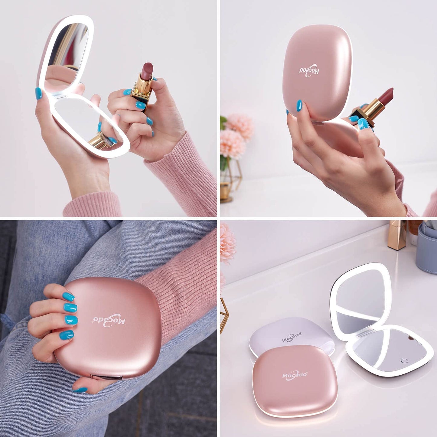 Mocado Compact LED Magnifying Travel Makeup-Mirror - 4 inches 1X/10X Magnification Small Hand Pocket Dimmable Double Sided USB Rechargeable Touch