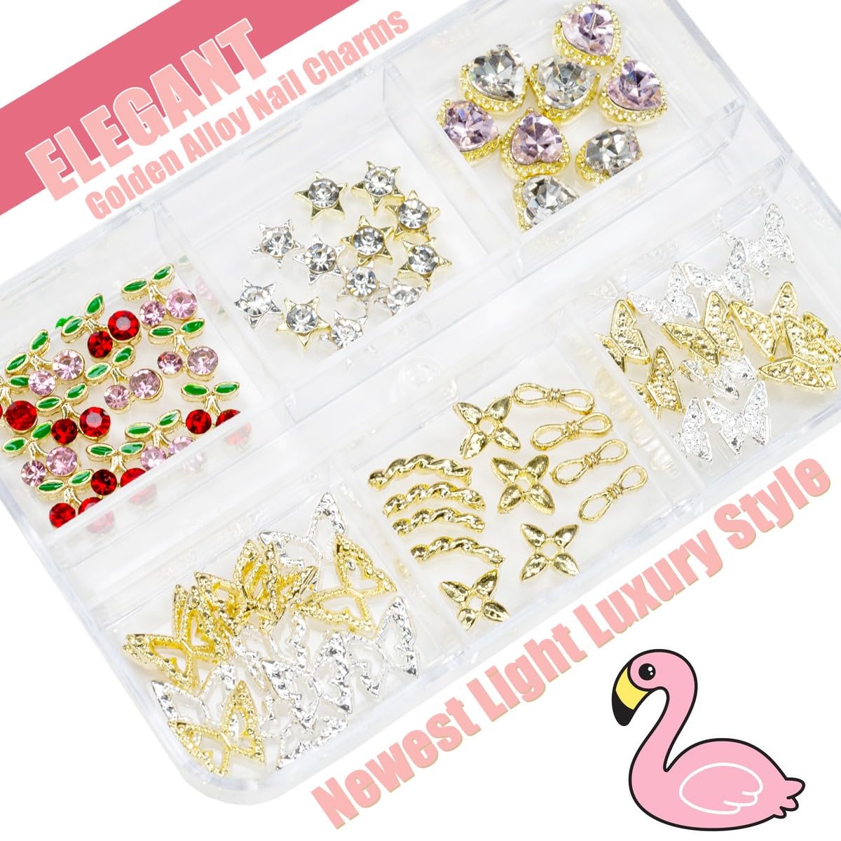qiipii 56 Pcs Cute Charms for Nails Cherry Butterfly Heart Star Kawaii Crystals Pink Red Rhinestones Gems Golden Silver 3D Alloy Studs Nail Art Charms Beauty & Personal Care qiipii