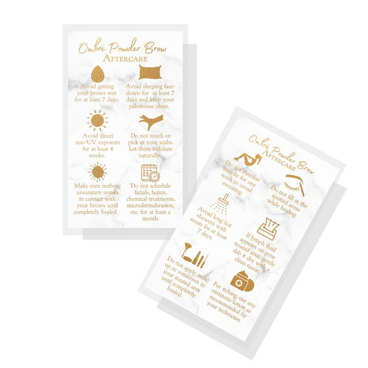 Ombre Powder Brow Aftercare Instructions Cards | 50 Pack | Double Sided Size 2x3.5" inches Business Card | Marble Look and Gold Design Beauty & Personal Care Boutique Marketing LLC