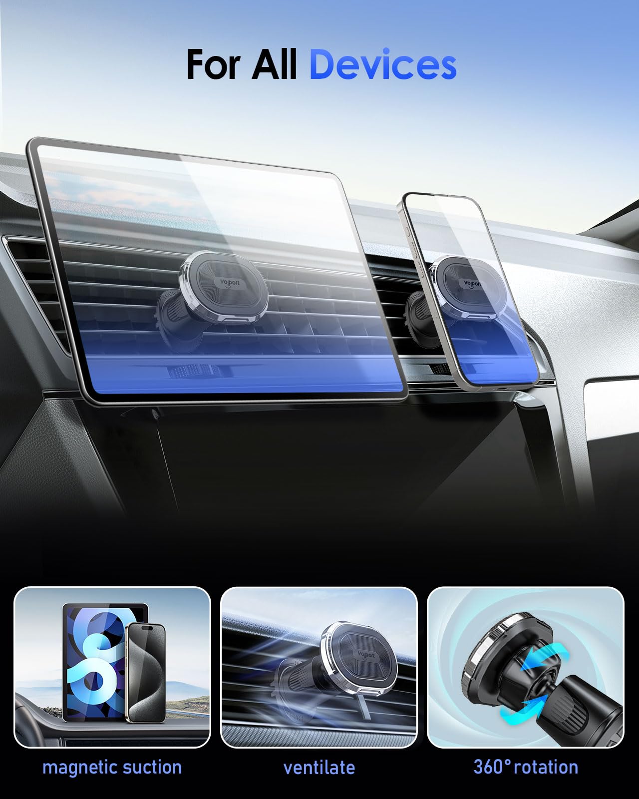 volport Magnetic Phone Mount for Car Vent: [Strong Magnet Clip Hook] Air Vent Holder for iPhone 16/15/14/13/12 Pro Max Plus Samsung S24 Ultra S24+…