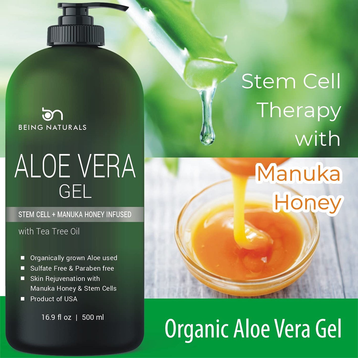 Aloe vera Gel - from 100% Pure Organic Aloe Infused with Manuka Honey, Stem Cell, Tea Tree Oil - Natural Raw Moisturizer for Face, Body, Hair. Perfect