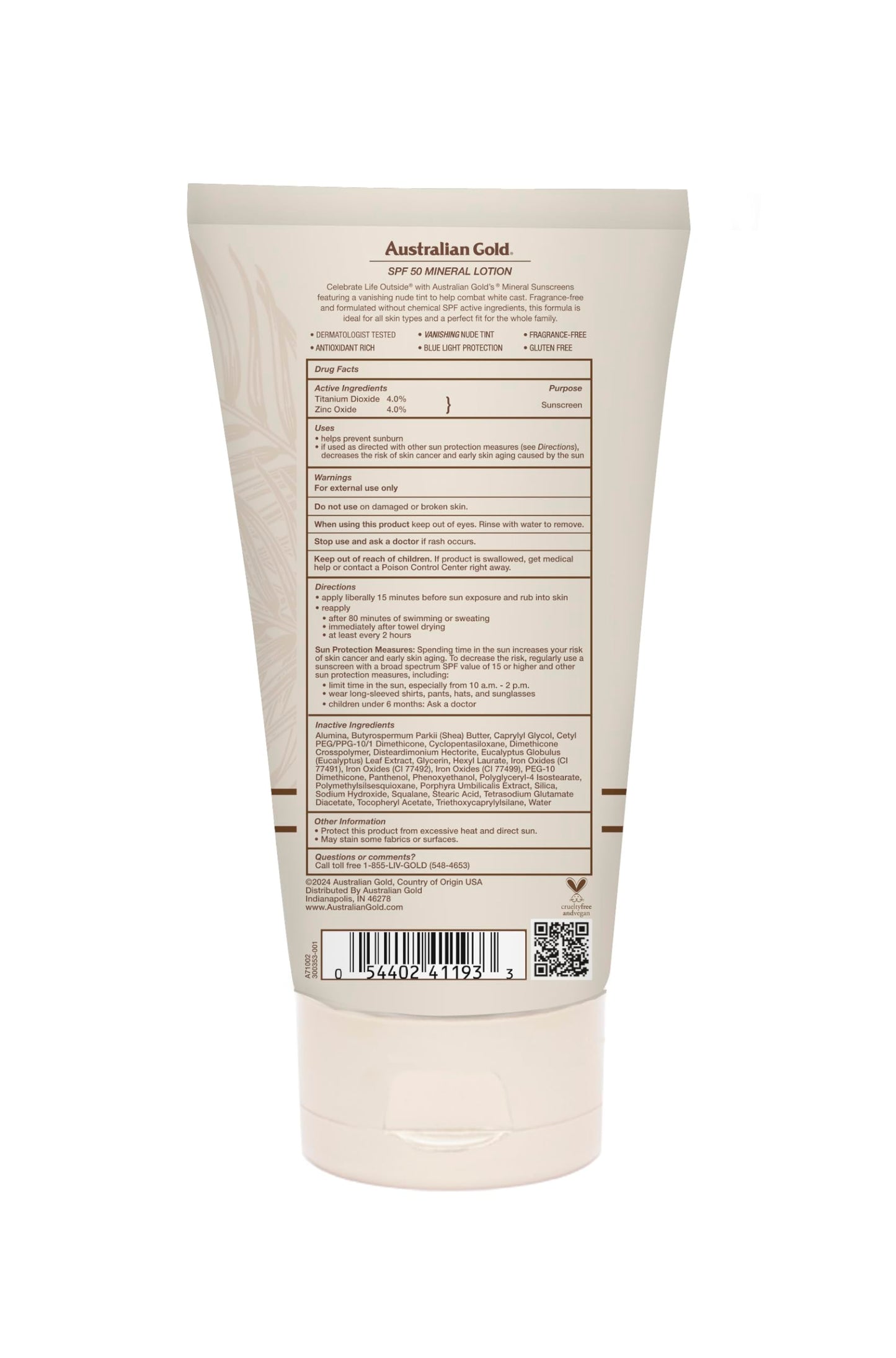 Australian Gold SPF 50 Mineral Sunscreen, 5 fl oz, Broad Spectrum Tinted Sunscreen, Gentle Protection for Every Shade, Vanishing Nude Tint, Blue Light