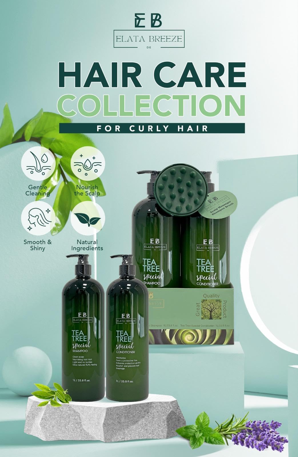 Peppermint Tea Tree Special Shampoo and Conditioner Set (33.8 0z)- Elata de Breeze with Scalp Massager Brush | Soothes Itchy Scalp, Deep Cleans
