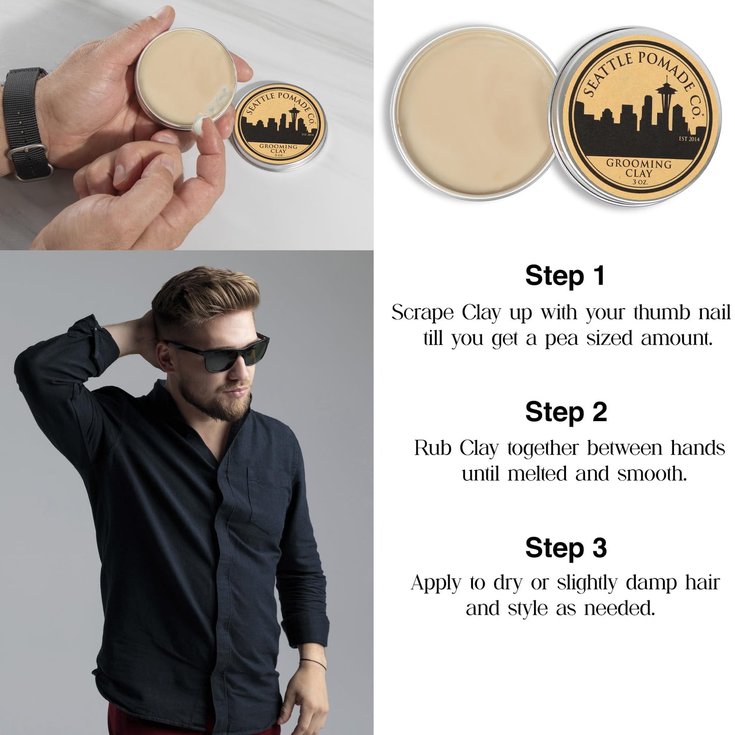 Seattle Pomade Co. Grooming Clay for Hair - USDA Certified, With Organic Essential Oils, Beeswax Based. Made with organic materials from around the