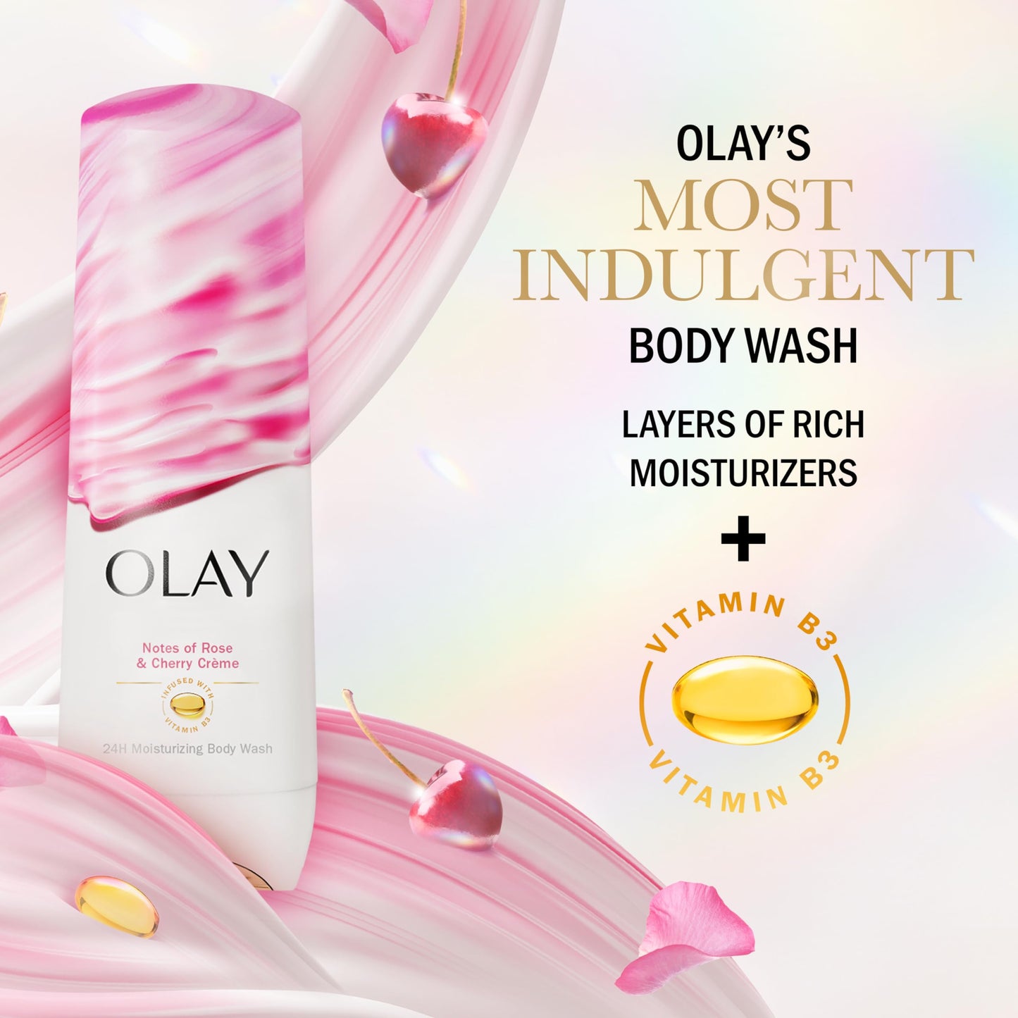 Olay Body Wash for Women, Indulgent Moisture, 24hr Moisturizing & Nourishing Formula, Infused with Vitamin B3 Complex, Luxurious Fragrances, Rose