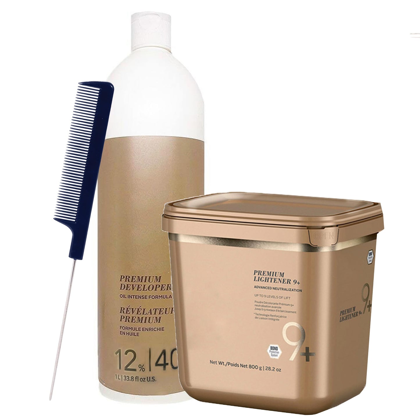 Blonde Me Lightener 9+ Bleach 800g with Blonde Me 12% / 40 Volume Developer 1L and Pin Tail Comb - Professional Hair Bleach Kit for Maximum Lift