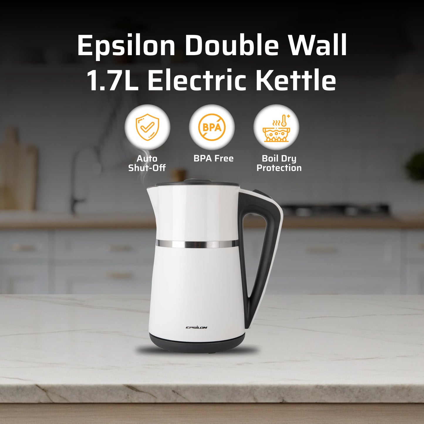 Epsilon Double Wall Electric Kettle 1100W - 1.7L Hot Water Tea Kettle & Hot Water Boiler with Auto Shut-Off, Boil Dry Protection, BPA-Free Stainless…
