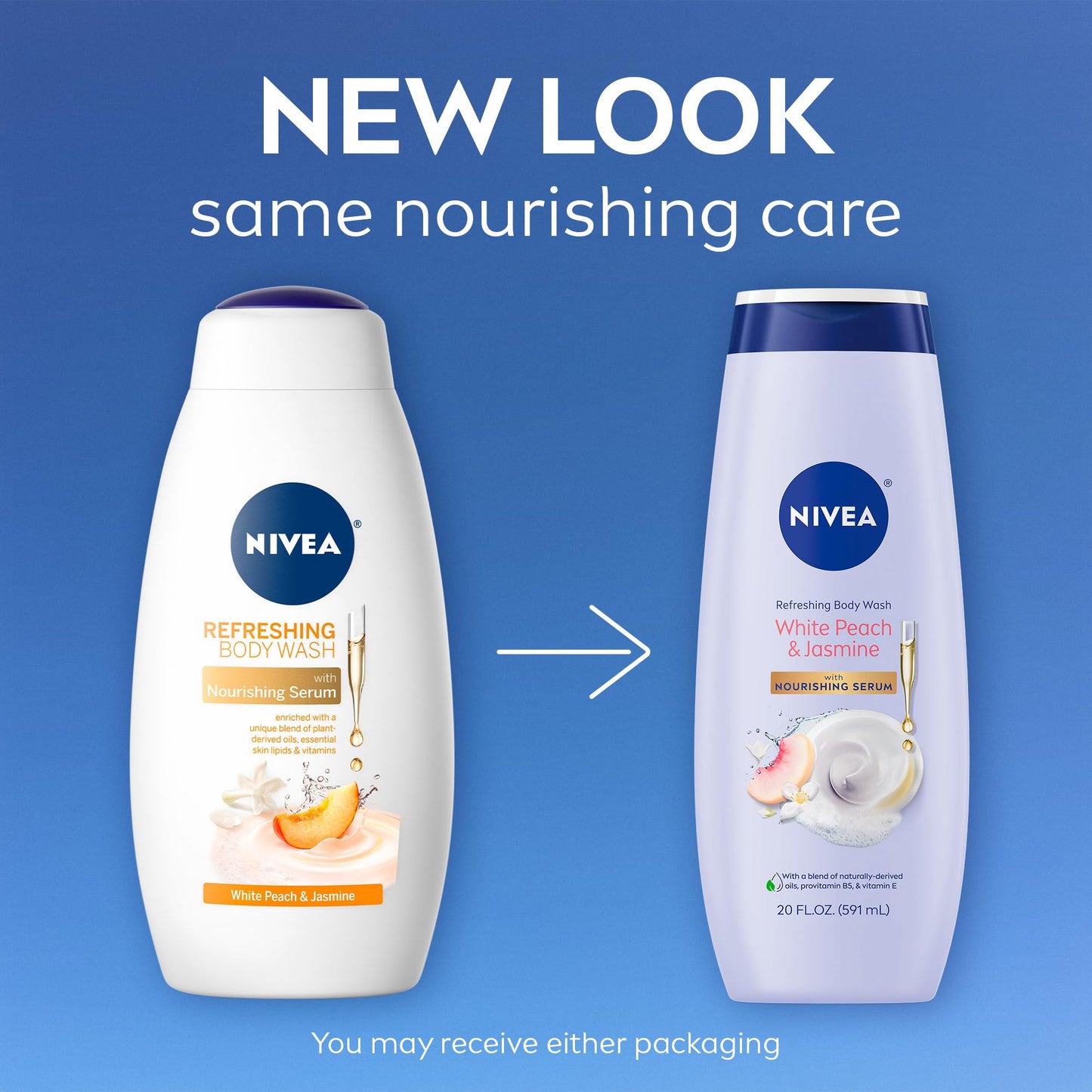 NIVEA Refreshing White Peach and Jasmine Body Wash with Nourishing Serum, Scented Body Wash for Women, Enriched with Provitamin B5 and Vitamin E, 20