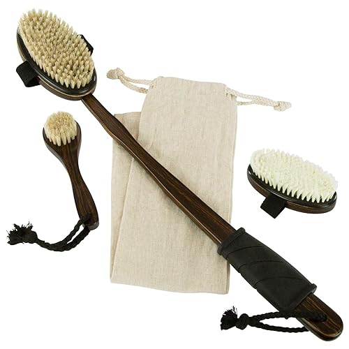Vive Dry Brush Set for Lymphatic Drainage (3 Pieces) - Brushing Scrubber for Exfoliating, Body Cellulite and Skin Massage - 100% Natural Boar Hair