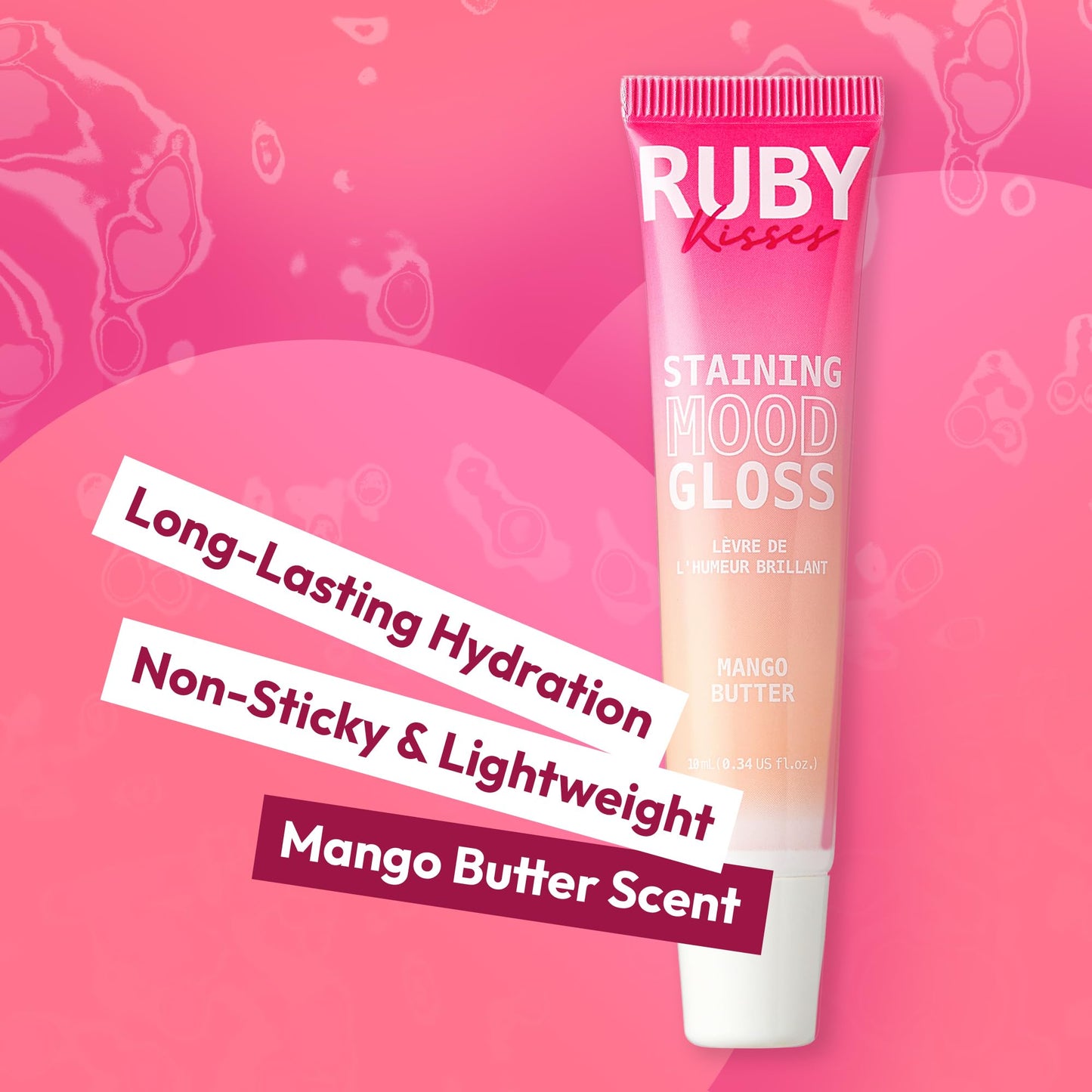 Ruby Kisses pH Lip Gloss, Pink Tinted Lip Balm Stain, Mood Color Changing Lipstick with Mango Butter for Long-Lasting Hydration