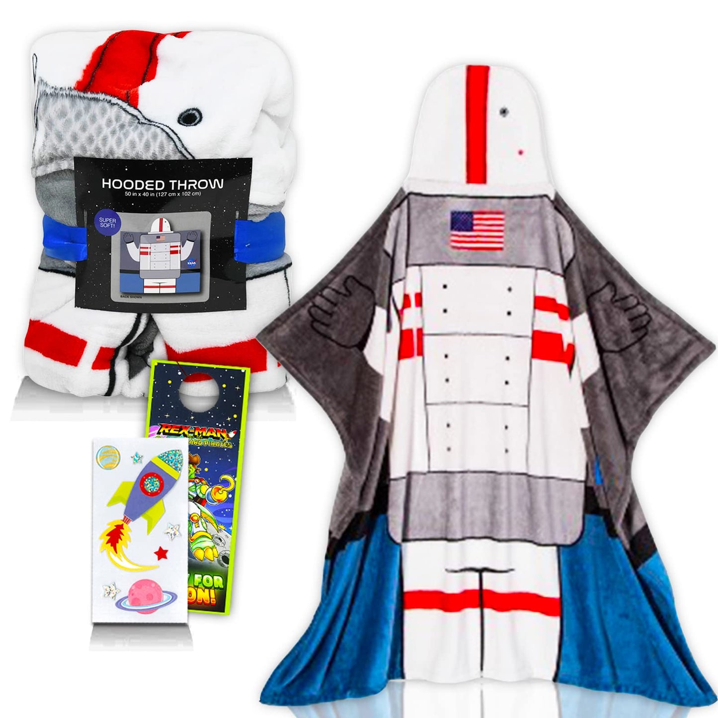 Space Cadet NASA Astronaut Hooded Throw Blanket for Kids, Toddlers - Bundle Including Astronaut Throw Blanket, Spaceship Stickers, and More (Space…
