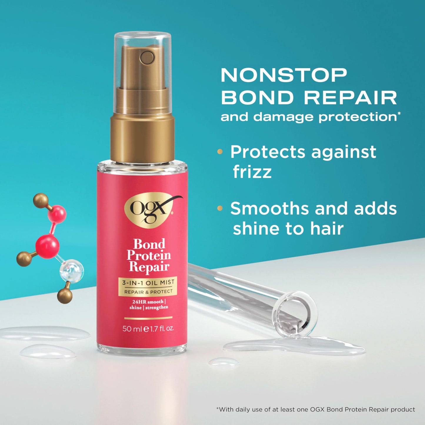 OGX Repair & Protect Bond Protein Repair 3-in-1 Oil Mist, Hair Oil Protects Dry, Damaged Hair Against Frizz, Strengthens & Maintains Shine, Hair Mist