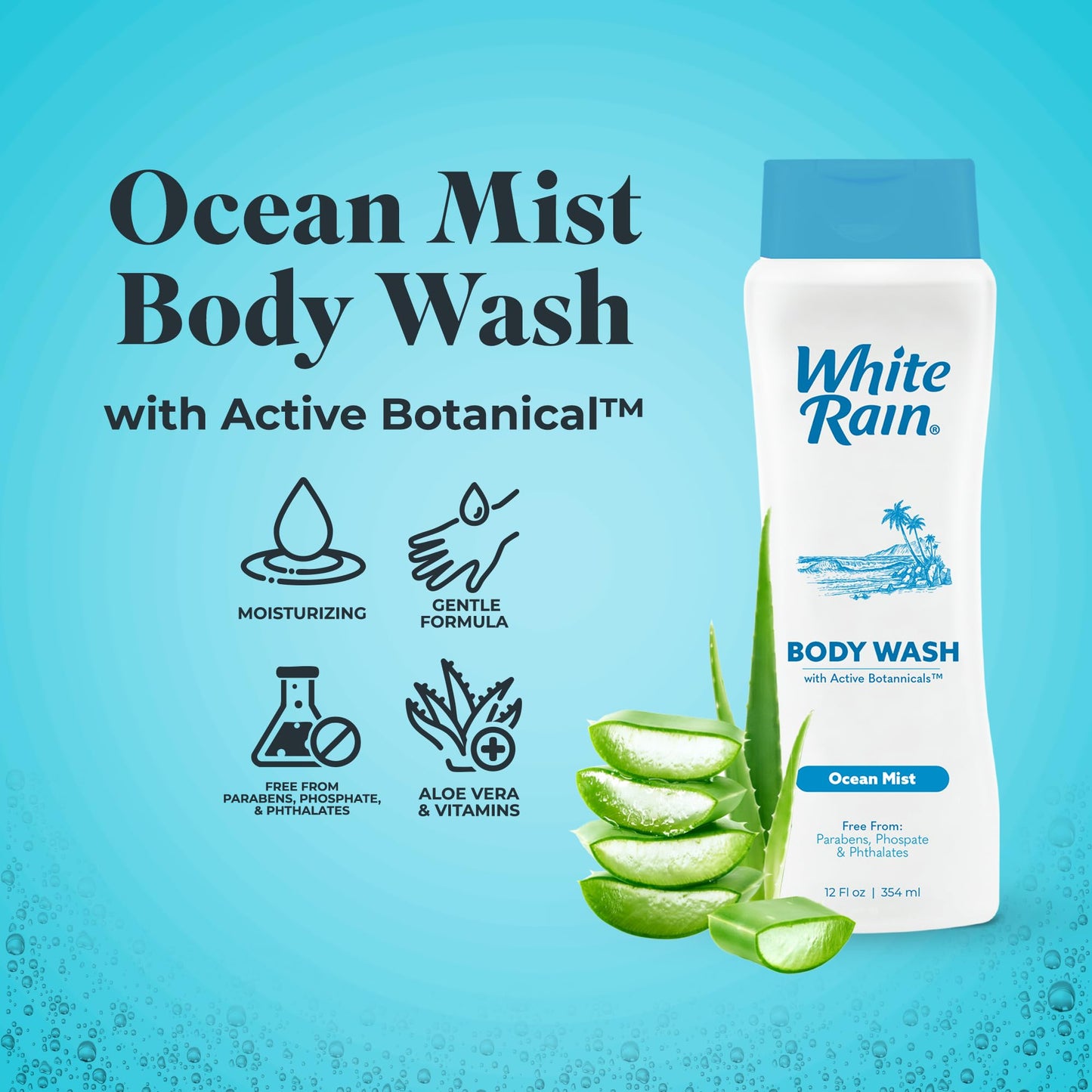 White Rain Ocean Mist Body Wash for Men & Women, 12 fl oz - Moisturizing Shower Gel Body Wash for Women & Men - Paraben-Free, Gentle Cleansing