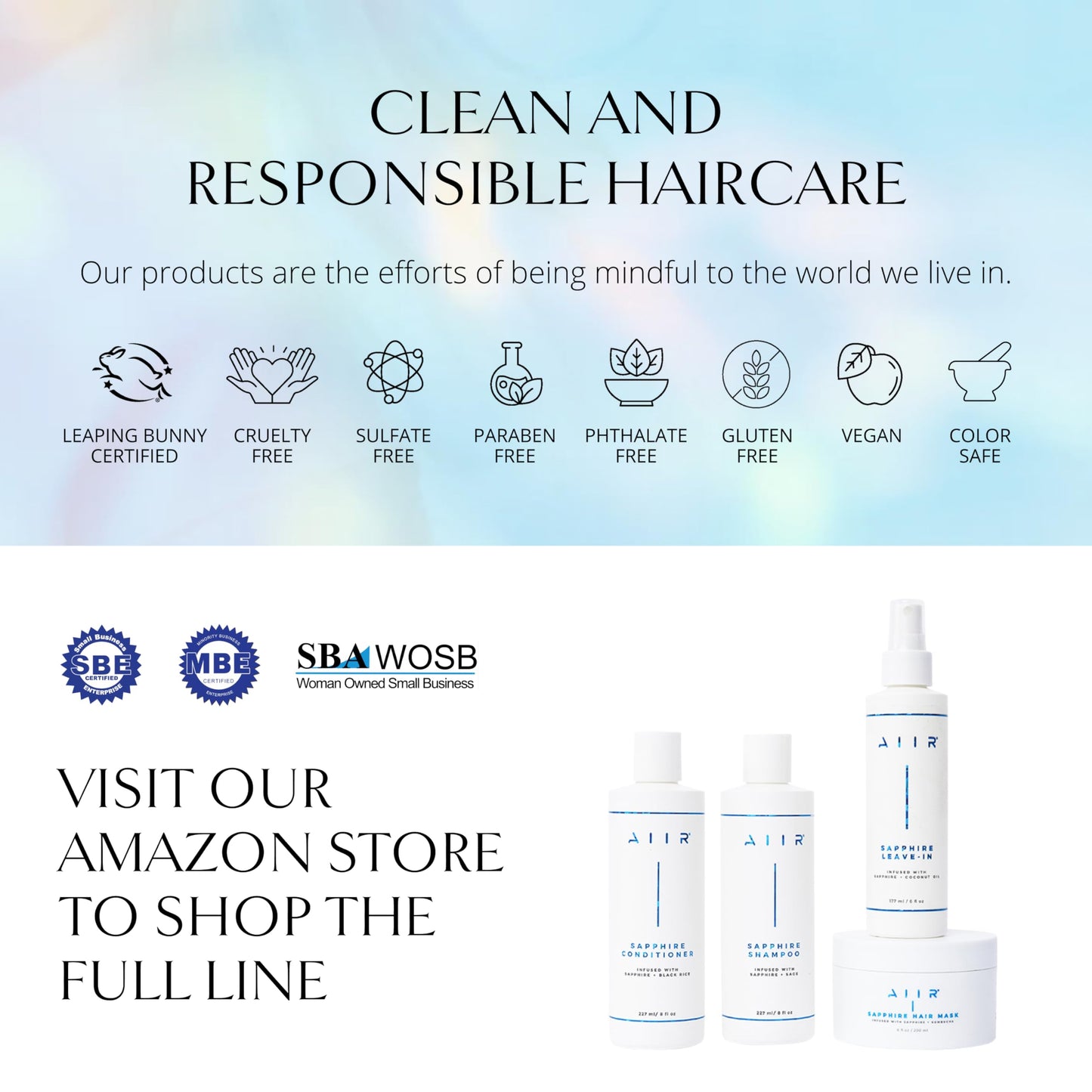 AIIR Sapphire Bundle - Sapphire Infused Shampoo, Conditioner & Leave-In Conditioner Set - Strengthen Damaged Hair, Frizz Control, Heat Protectant