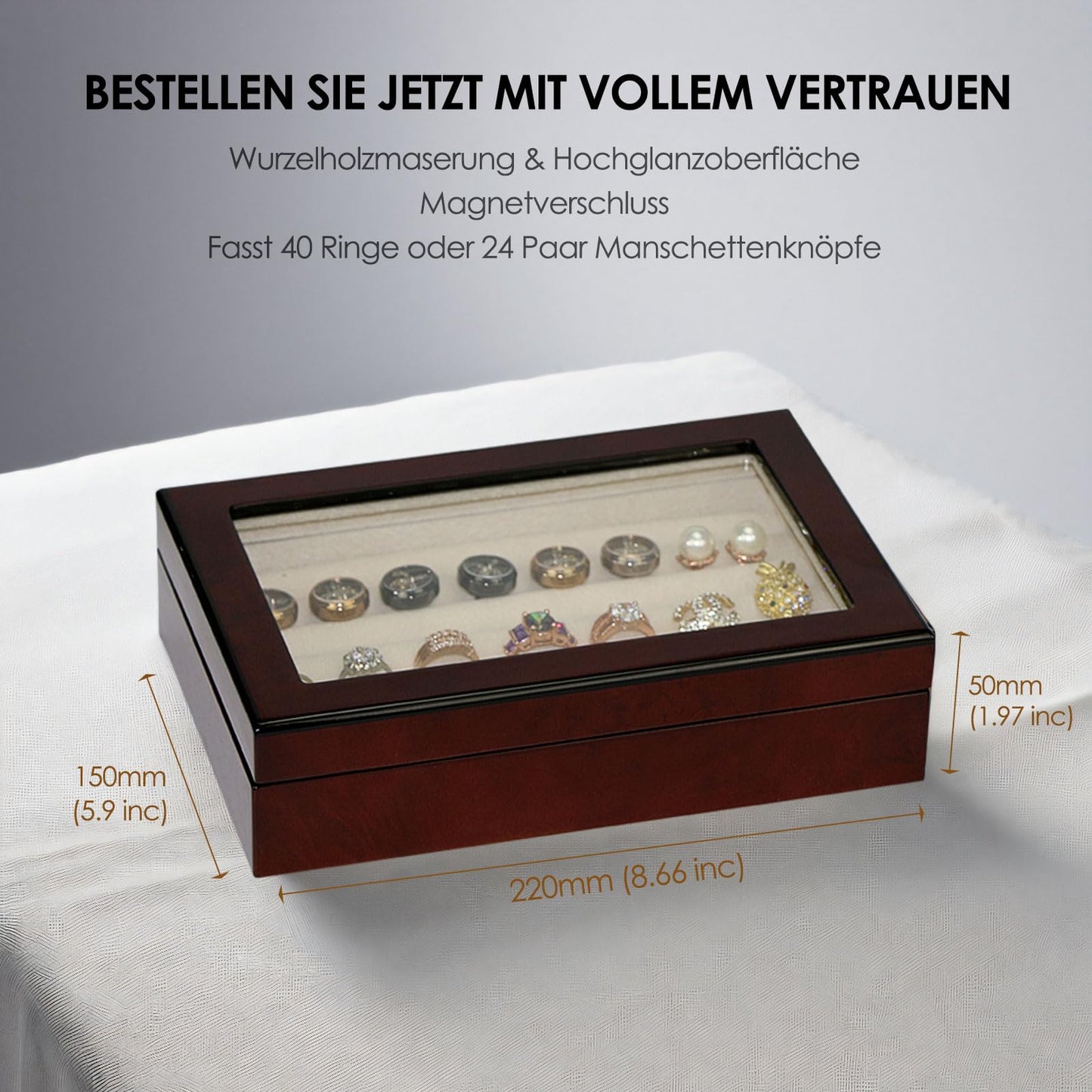 SYENS Wooden Ring Box Earring Storage Box Jewelry Organizer for Women, Top Glass Window - Magnet Closure, Men's Cufflink Box At Least for 24 pairs…