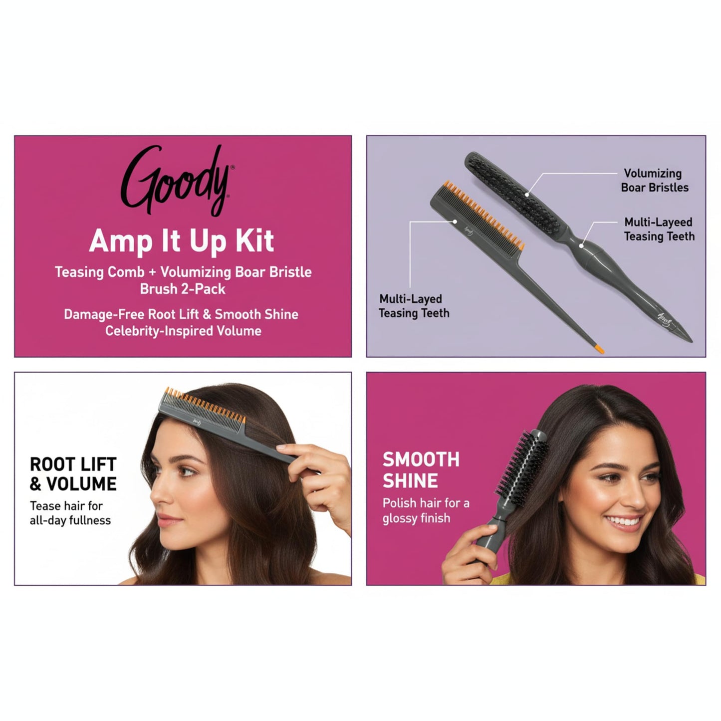 Goody Volume Boost Teasing Brush & Comb Set | Boar Bristle Damage-Free Root Lift & Backcombing Tool for Volumizing & Texture | Works on All Hair Types