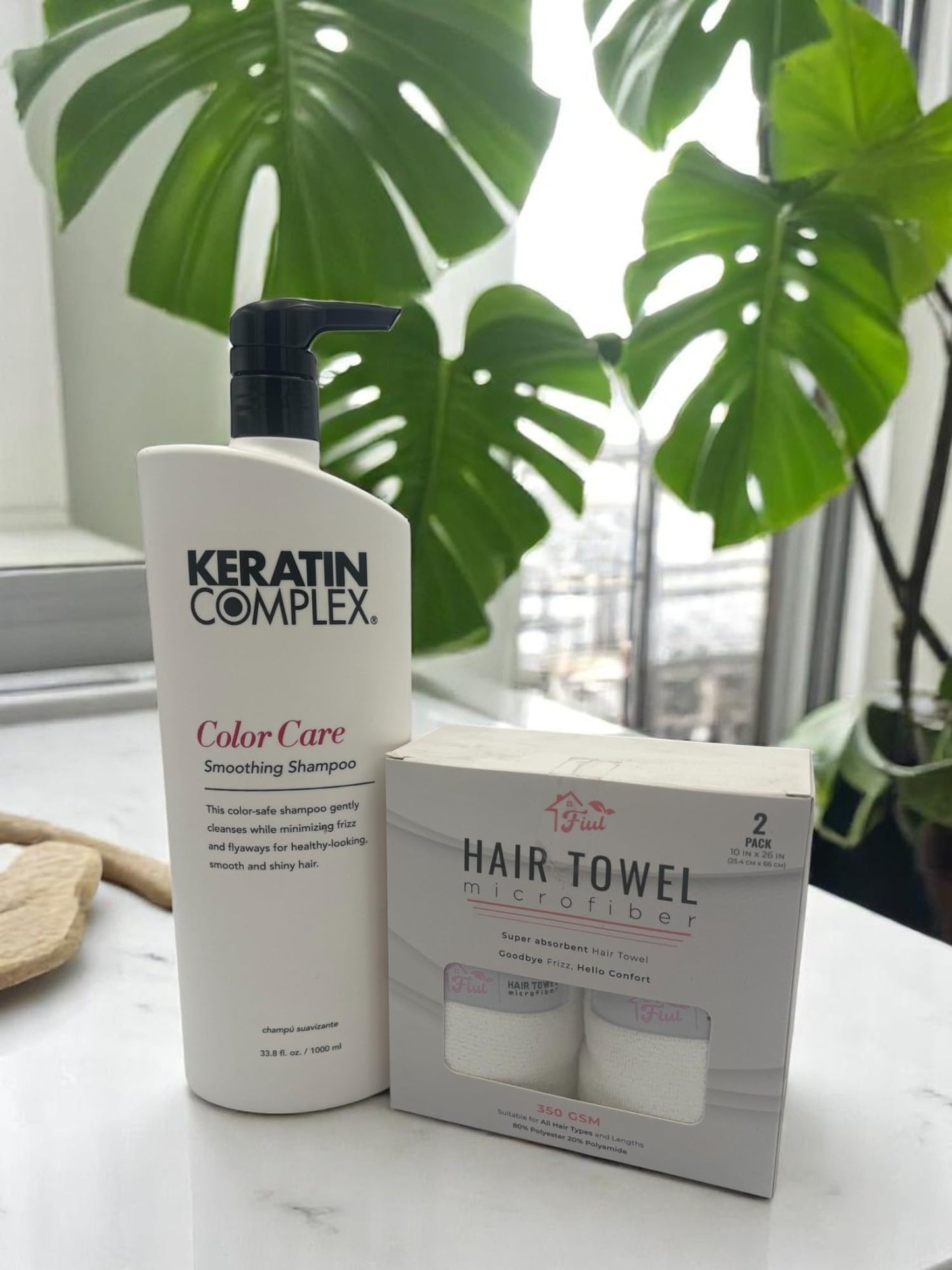 FIUL - Keratin Hair Color Care Set Smoothing Shampoo & Conditioner + Gift Super Absorbent Microfiber Hair Towel - Color Care - Keratin to All Hair