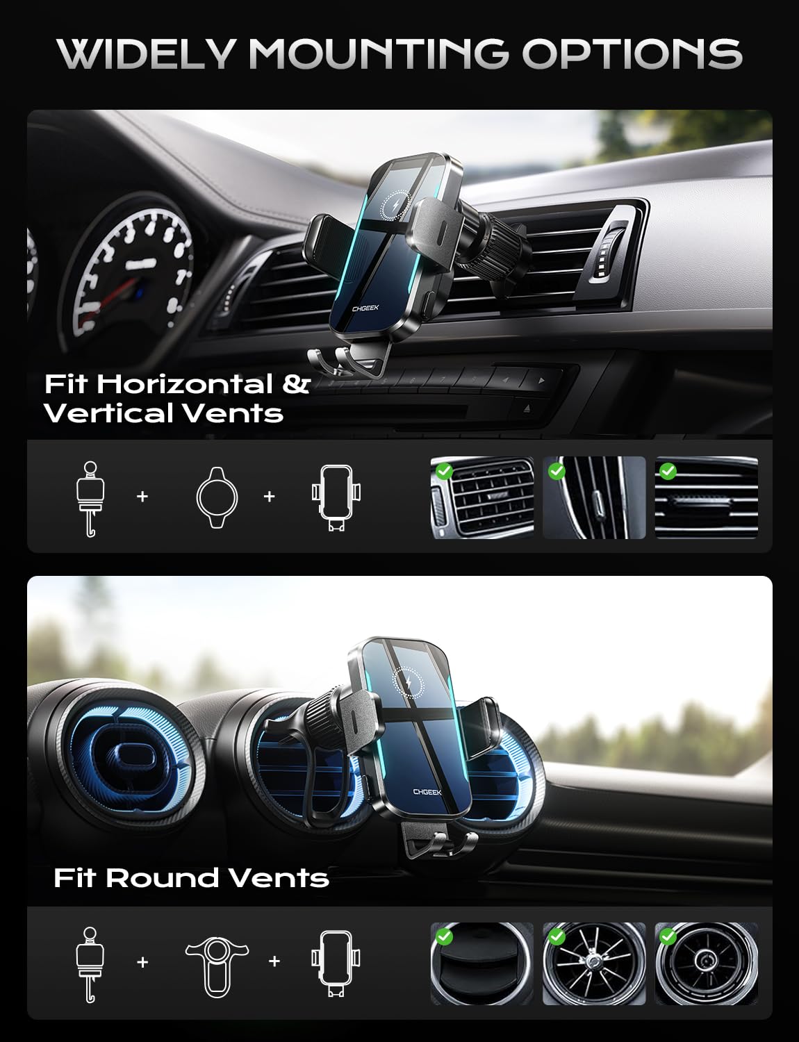 CHGeek Wireless Car Charger, 15W Fast Charging Car Phone Holder Charger Auto-Clamping Air Vent Car Phone Mount with Blue LED Backlit for iPhone 17 16…