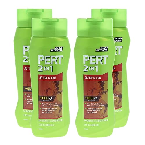 PERT 2 in 1 Active Clean Shampoo and Conditioner - Deep Clean with Odor Elimination Technology - Leaves Hair Manageable and Fresh All Day - 4 pc