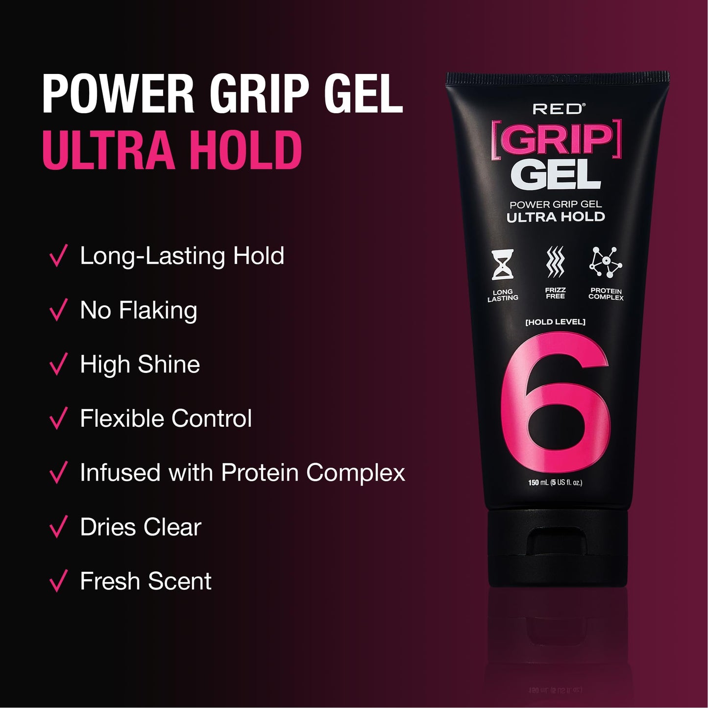 Red by Kiss Power Grip Gel - Long-Lasting Hold, Frizz-Free, High Shine, Protein Complex, Edge Control & Curl Definition (Ultra Hold, 5 oz)