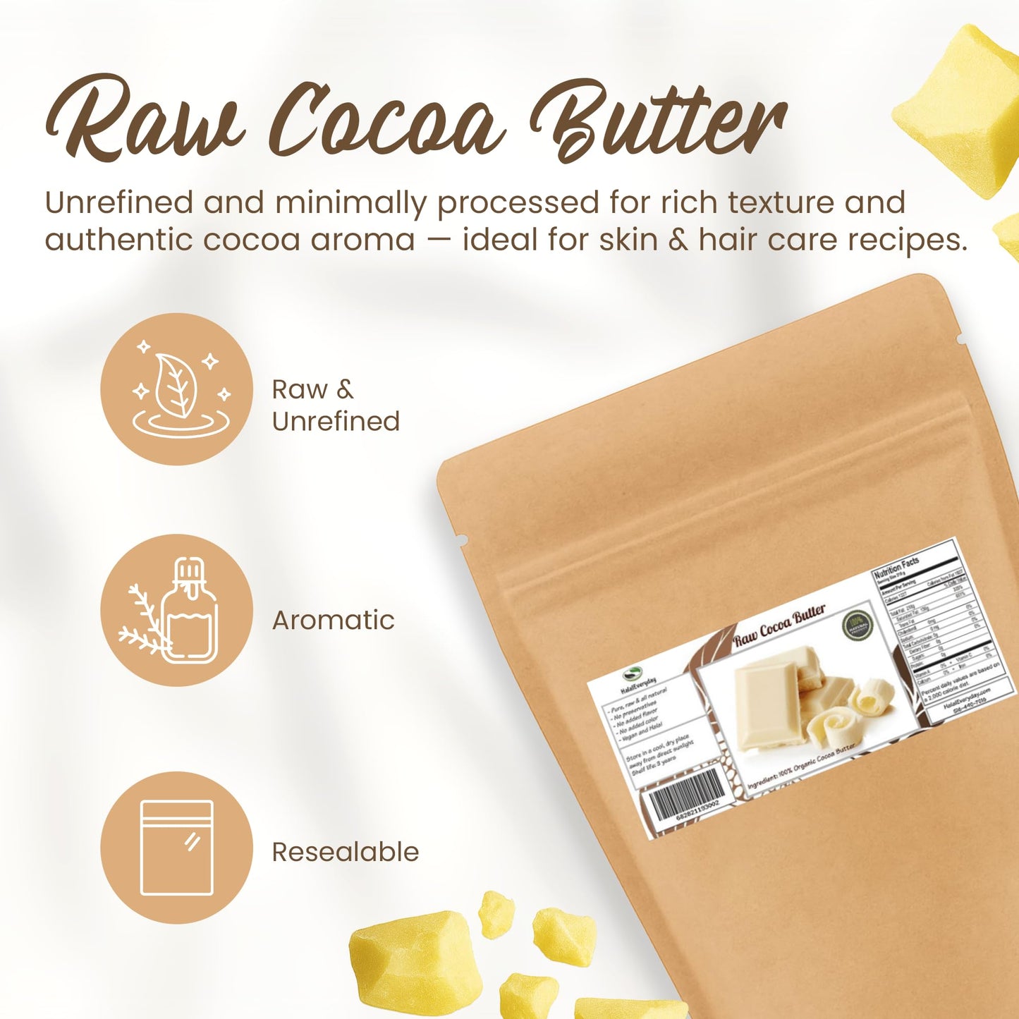2 Lb Cocoa Butter: Pure, Raw, Unprocessed. Incredible Quality and Scent. Use for Lotion, Cream, Lip Balm, Oil, Stick, or Body Butter. NON-GMO By