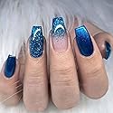 MISUD Press on Nails - Medium Coffin Glue on Nails with Blue Ombre, Acrylic Bling Glitter Design 24 pcs