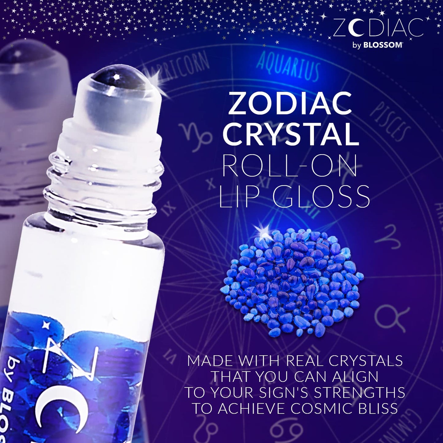 Blossom Lip Gloss Zodiac Sign Vanilla Scented Roll-On Lip Gloss, Moisturizing + Hydrating with Zodiac Crystals, Made in USA, 0.20oz, Aquarius