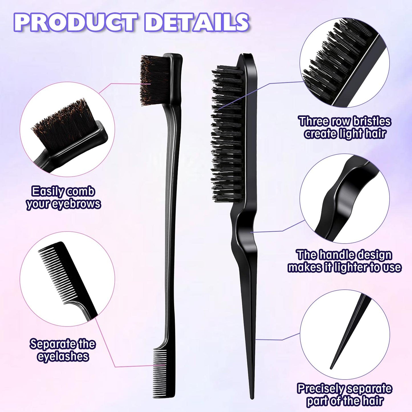 Remerry Hair Brush Set, 12 Pieces Nylon Brushes Including 3 Row Salon Teasing Brushes, Double Sided Edge Brush, Rat Tail Combs, Duckbill Clips