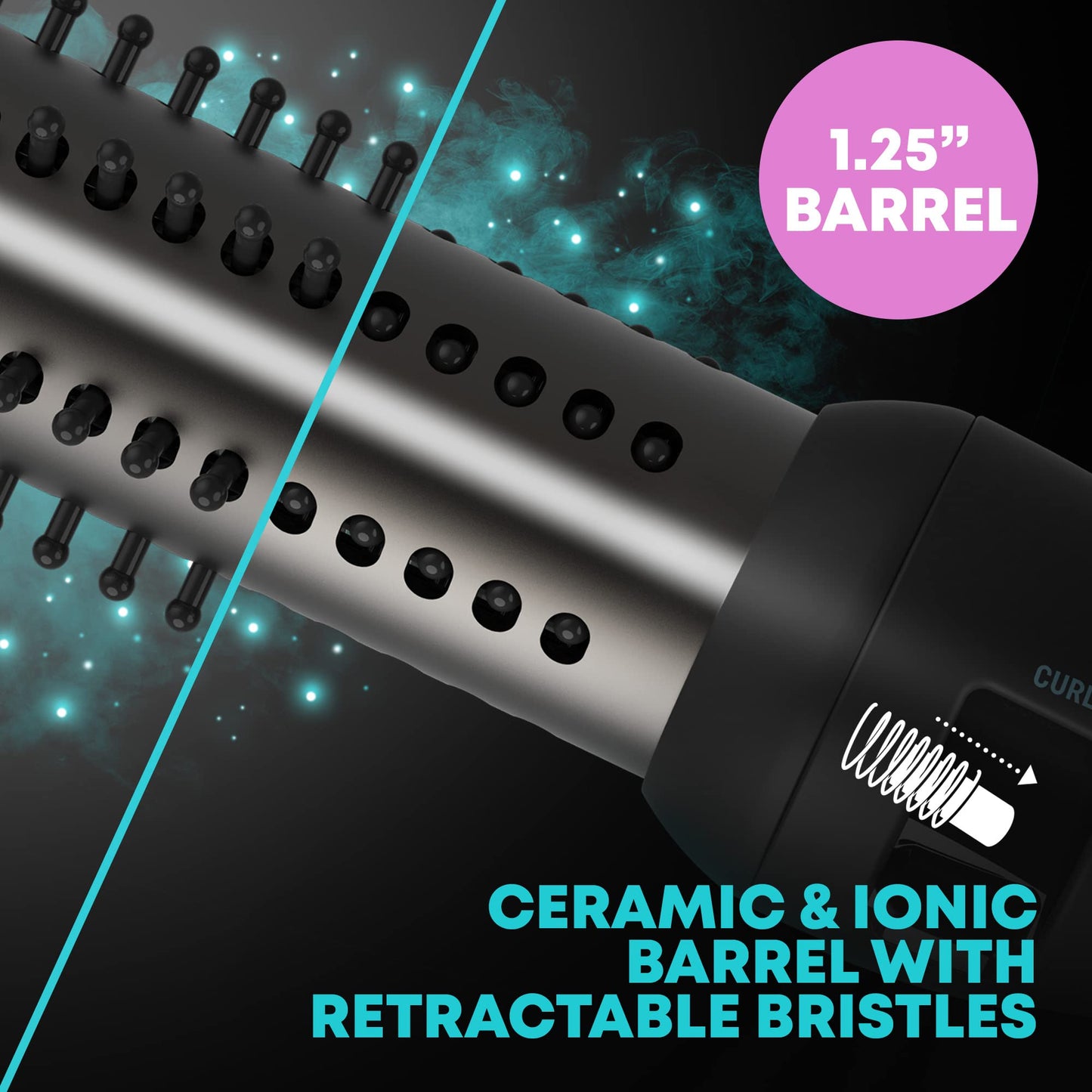 Revamp Progloss Volume & Wave Ceramic Heated Brush - Curling Iron Brush with Retractable 1.25” Bristles, Ceramic Barrel Infused with Progloss Oils