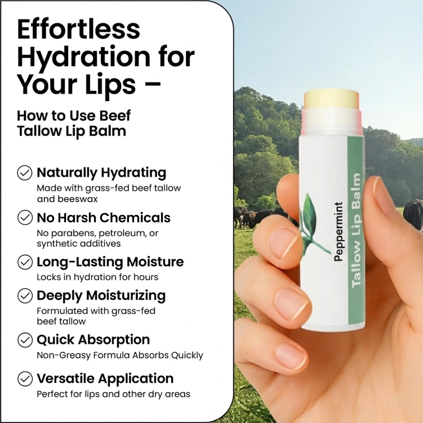 Tallow Lip Balm by Cattle Creek - All-Natural Ingredients, Long-Lasting Moisture and Hydration for Dry, Cracked, and Chapped Lips, Soothing Formula