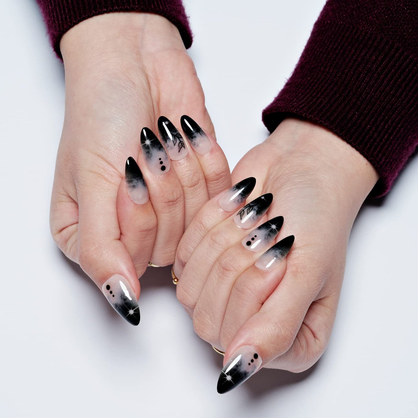 GLAMERMAID Press on Nails Medium Almond, Gothic Black Ombre French Tip Gel Glue on Nail, Glossy Short Stiletto Reusable UV Finish Fake Nails Acrylic