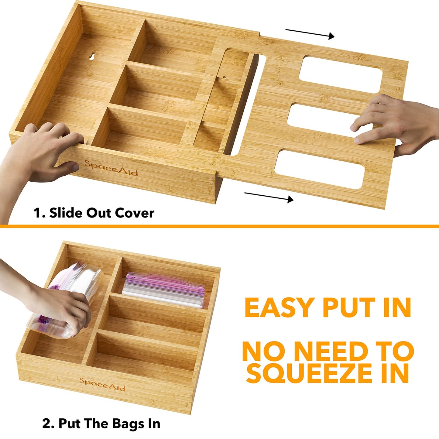 SpaceAid Bag Storage Organizer for Kitchen Drawer, Bamboo Organizer, Compatible with Gallon, Quart, Sandwich and Snack Variety Size Bag (1 Box 4Slots)