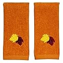 Fall Bathroom Leaf Fingertip Towels: Embroidered Gold Burgundy Leaves on Rust Orange, 2 Piece Bath Set, 12 x 18 Inches Each