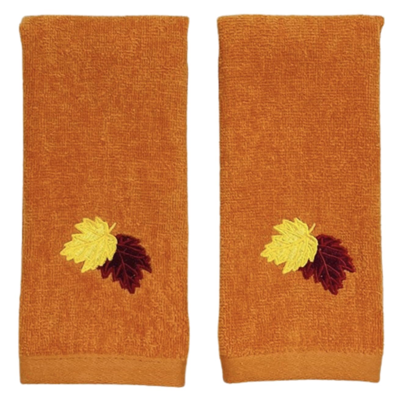 Fall Bathroom Leaf Fingertip Towels: Embroidered Gold Burgundy Leaves on Rust Orange, 2 Piece Bath Set, 12 x 18 Inches Each