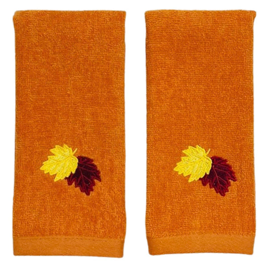 Fall Bathroom Leaf Fingertip Towels: Embroidered Gold Burgundy Leaves on Rust Orange, 2 Piece Bath Set, 12 x 18 Inches Each