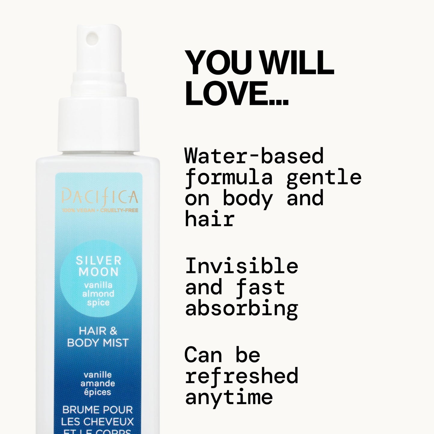 Pacifica Hair Perfume & Body Fragrance Spray Mist - Silver Moon with Vanilla, Almond & Spice - Alcohol-Free, Vegan & Cruelty-Free, 6.5 oz
