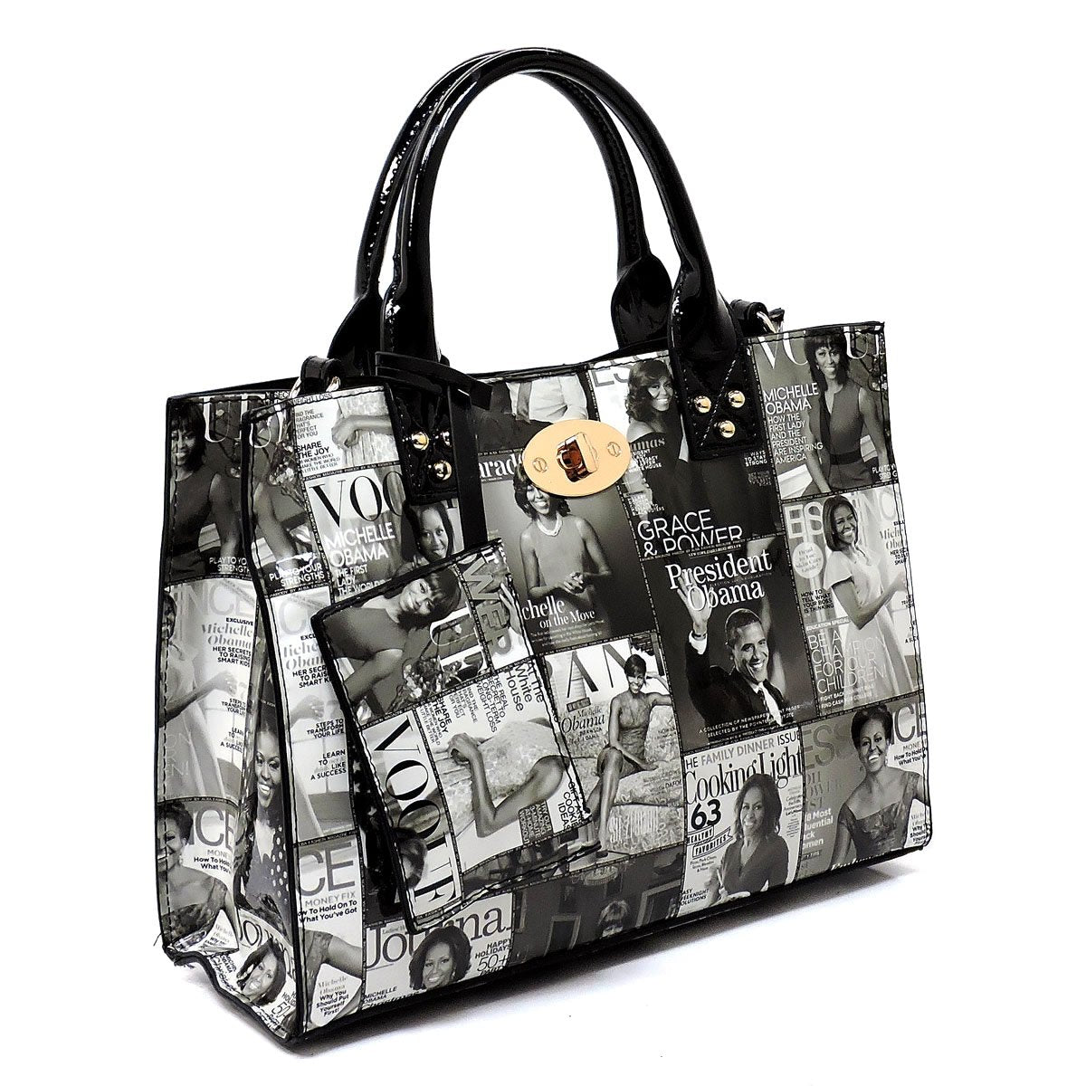 AMY&JOEY Glossy magazine cover collage crossbody bag purses Michelle Obama mini handbag (GREY/BLACK)