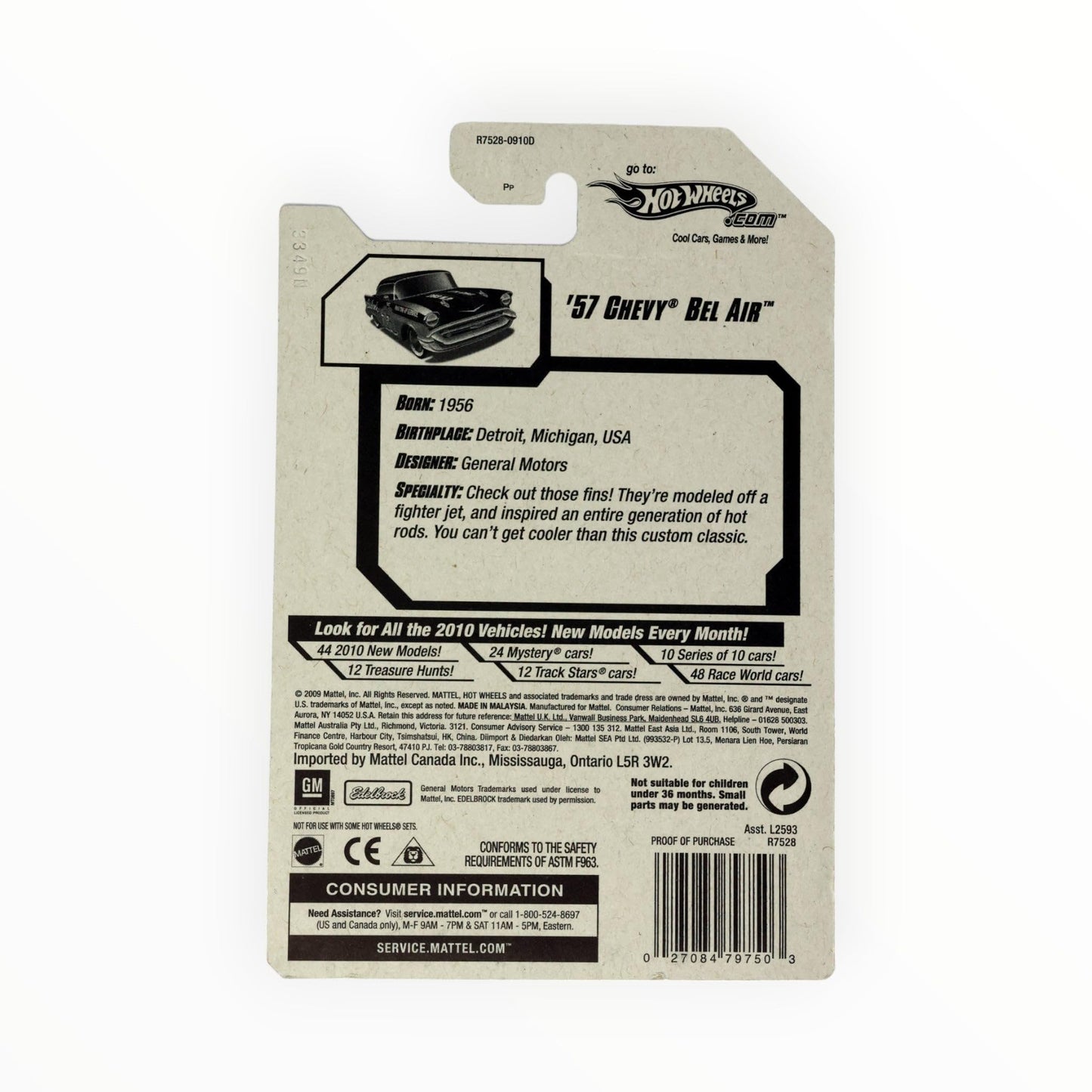 HOT WHEELS 05/10 '10 HW PERFORMANCE '57 CHEVY BEL AIR EDELBROCK BLACK & SILVER WITH RED RIMS