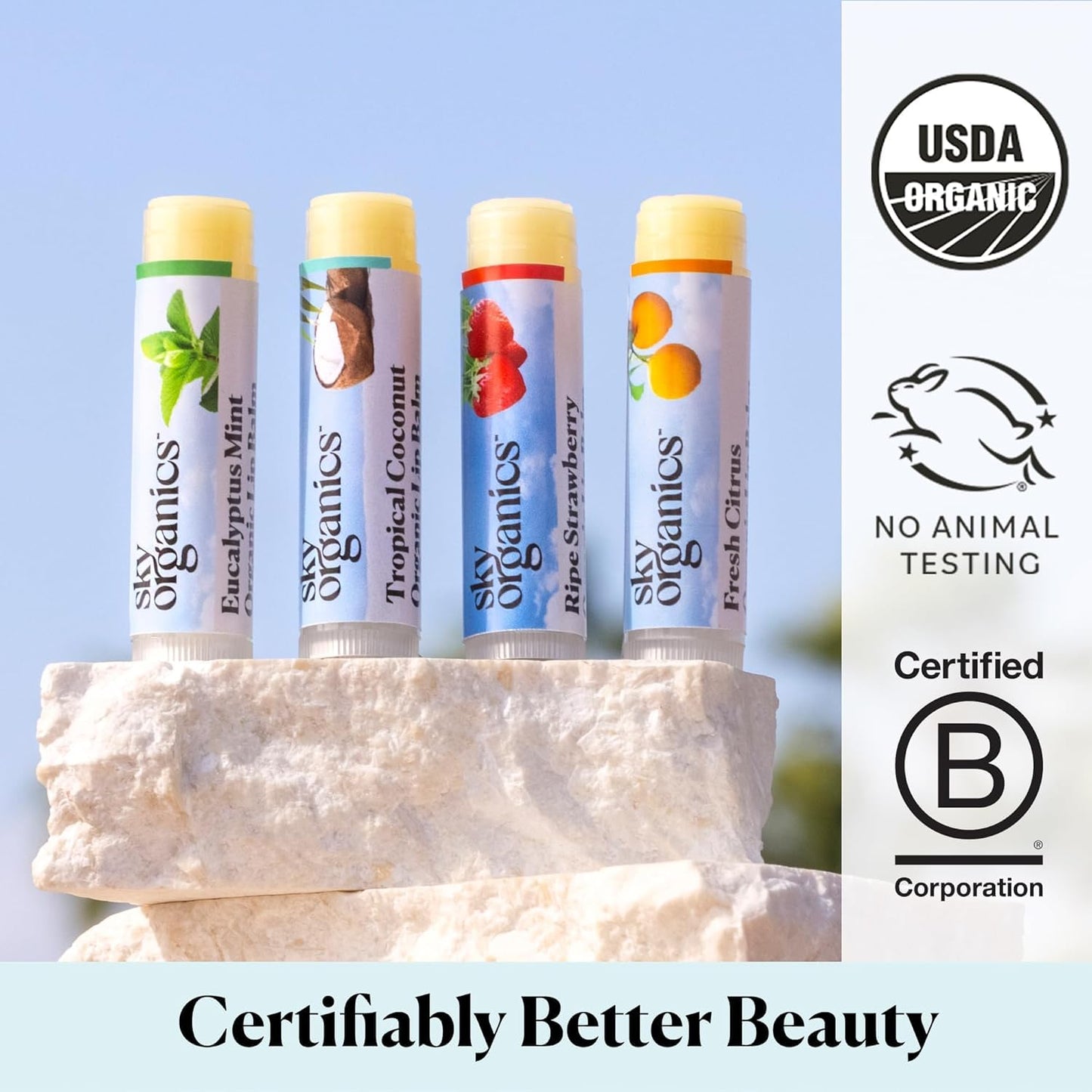 Sky Organics Organic Lip Balms With Beeswax for Lips, USDA Certified Organic, Four Assorted Flavors to Moisturize, Soothe & Soften, 4pk.
