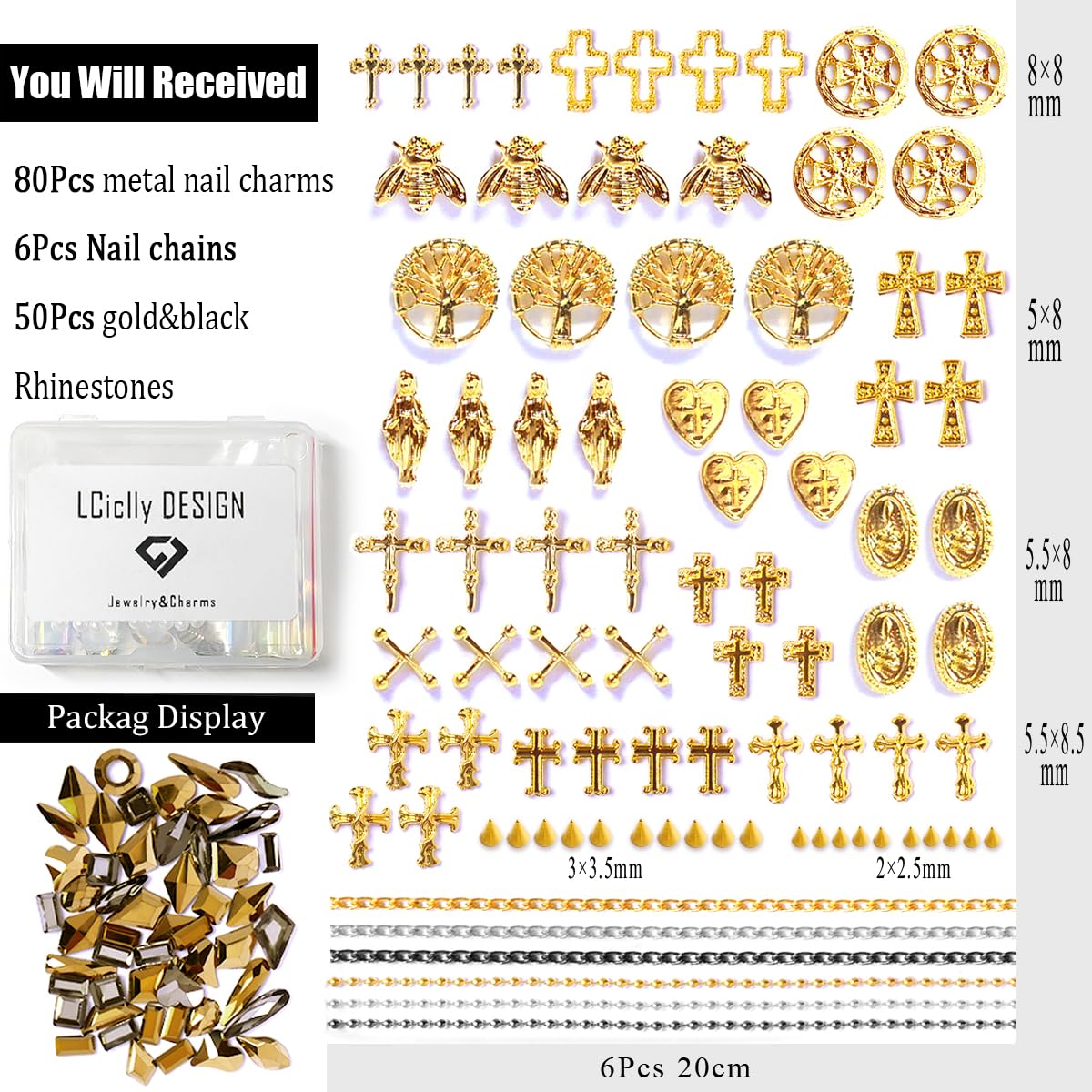 3D Cross Nail Charms,Gold Flat Back Nail Pearls Beads for Crafting,Cute Nail Charms Y2k Rhinestones Jewelry for Nail Art Flower Virgin Mary Religious